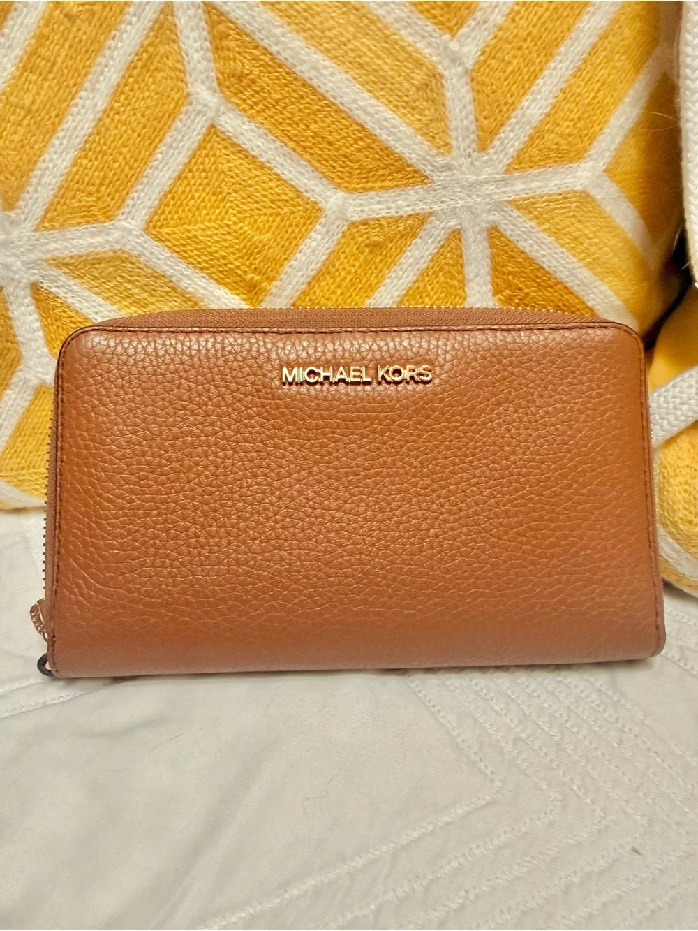Michael Kors Brown Leather Zip-Around Wallet with Gold Hardware